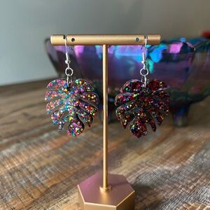 Rainbow Sparkles Monstera Leaf Resin Earring with Sterling Silver Hooks
